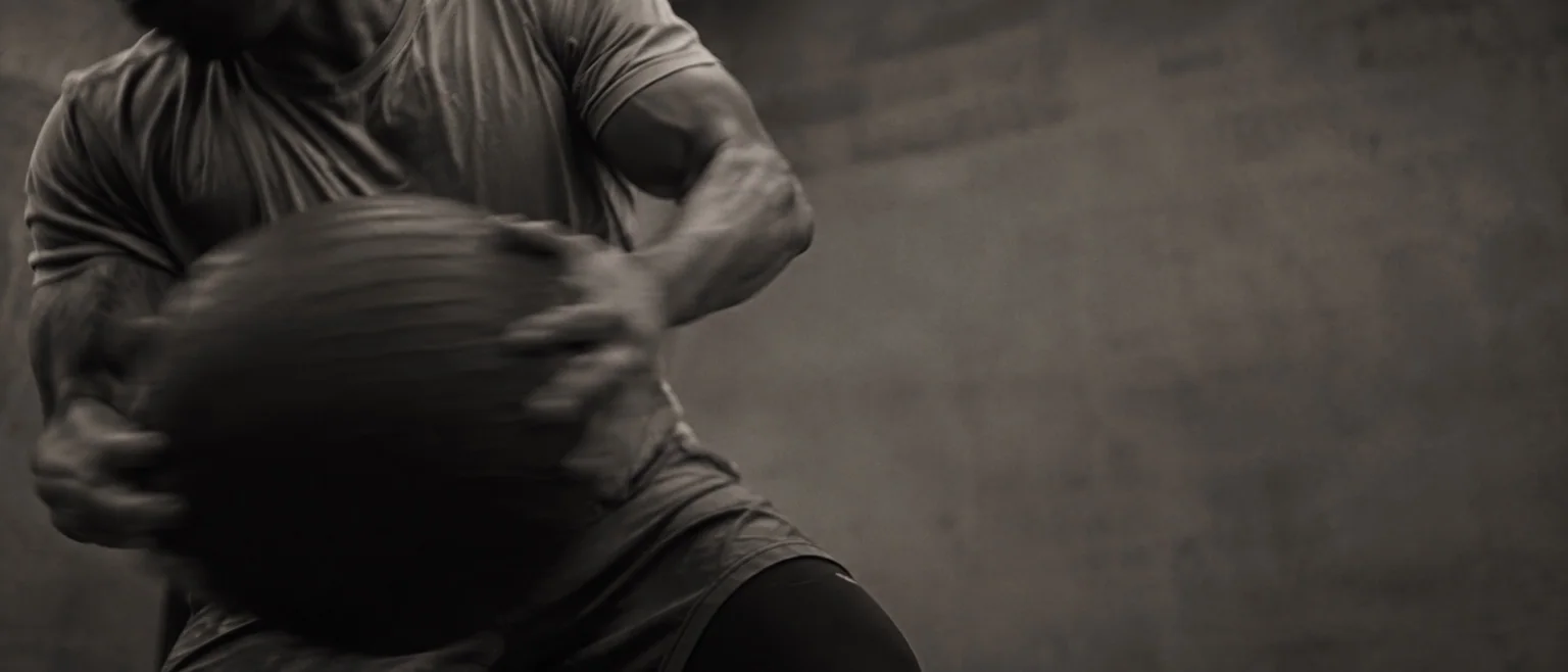 Athlete training with a medicine ball